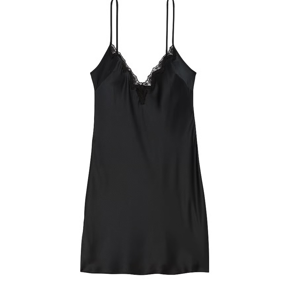 VICTORIAS SECRET Lace Trim Mini Slip Dress in Black